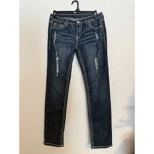 Miss Chic Jeans Dark Wash Distressed Denim Jeans White Stitching junior 13
